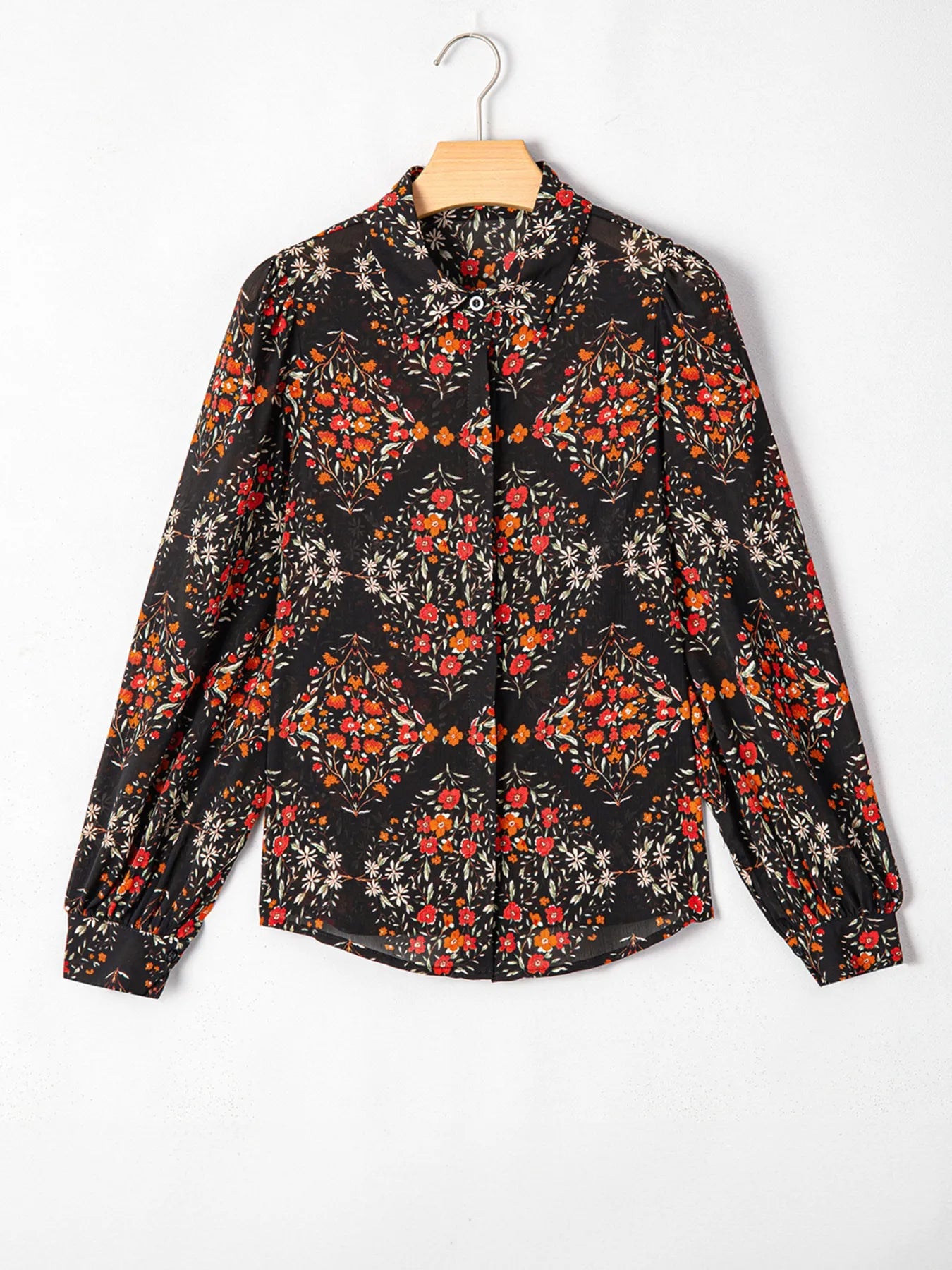 Floral Print Lantern Sleeve Loose Shirt - Lookzlike