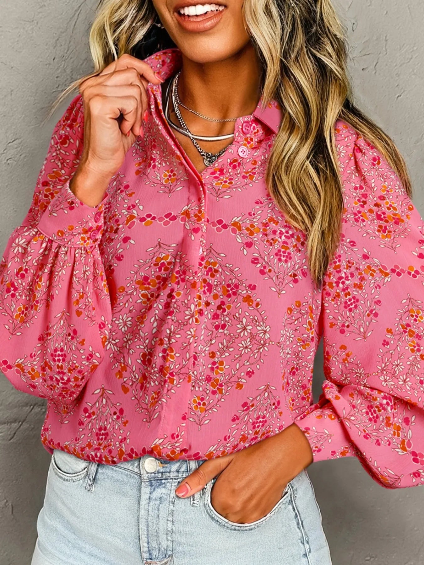 Floral Print Lantern Sleeve Loose Shirt - Lookzlike