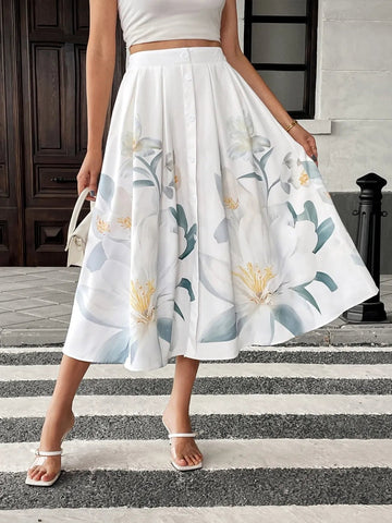 Floral Print Midi Skirt - Lookzlike
