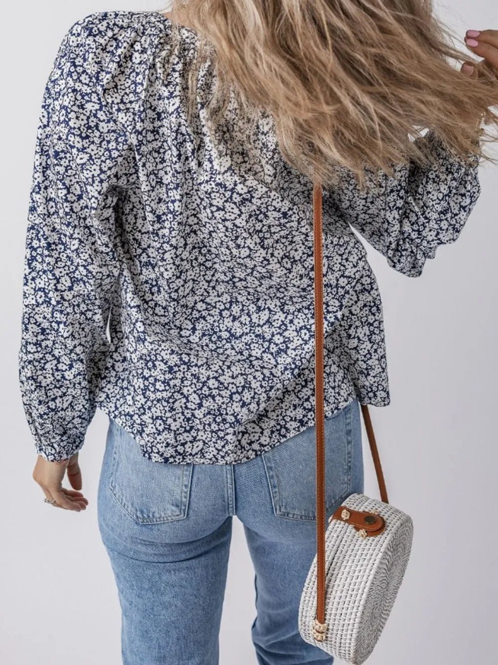 Floral Print Notched Long Sleeve Blouse designed for comfort and style at Lookzlike