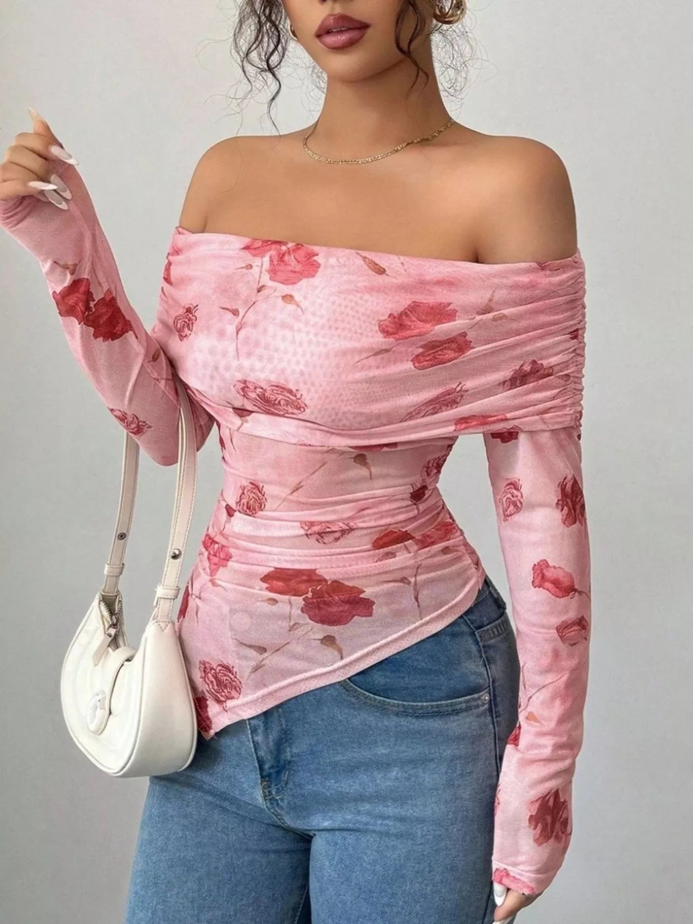 Floral Print Off - Shoulder Mesh Top designed for comfort and style at Lookzlike