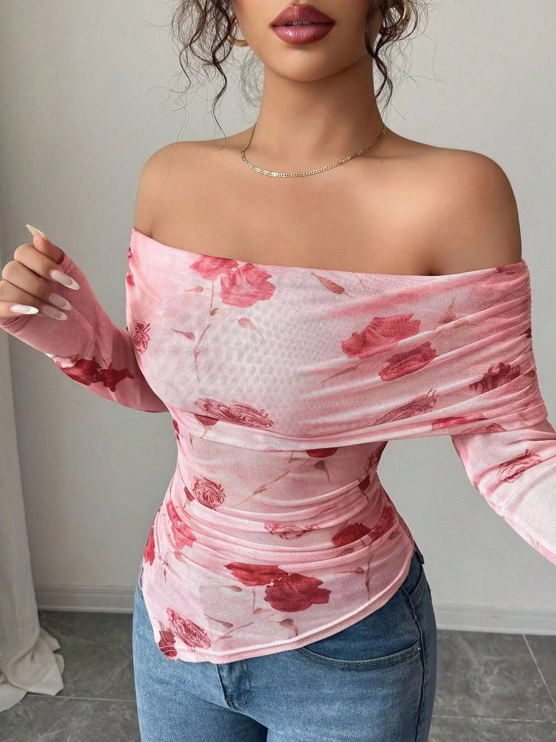 Floral Print Off - Shoulder Mesh Top designed for comfort and style at Lookzlike