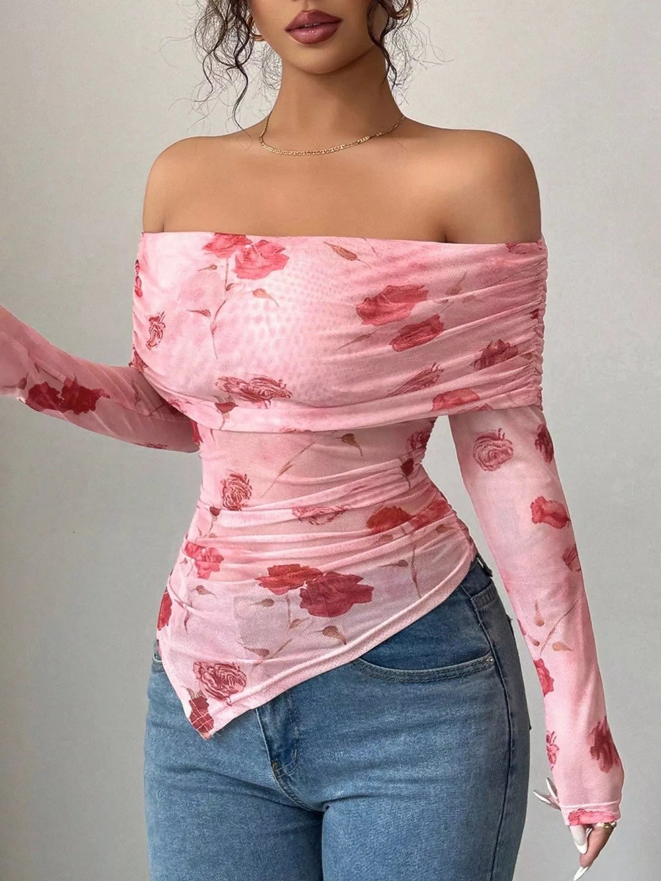 Floral Print Off - Shoulder Mesh Top designed for comfort and style at Lookzlike