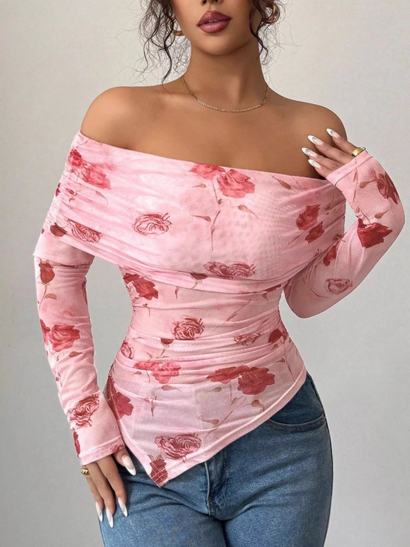 Floral Print Off - Shoulder Mesh Top designed for comfort and style at Lookzlike