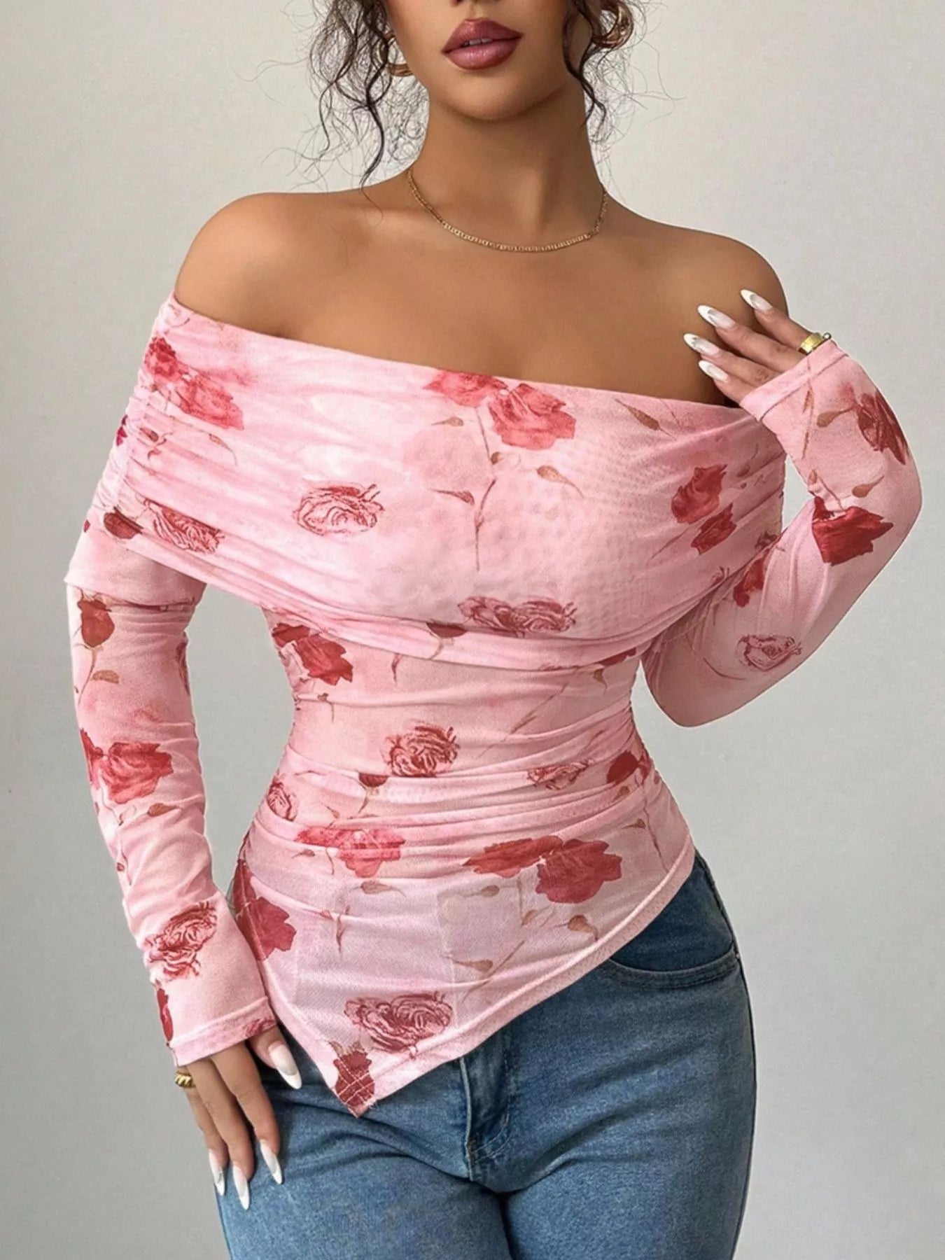Floral Print Off - Shoulder Mesh Top designed for comfort and style at Lookzlike