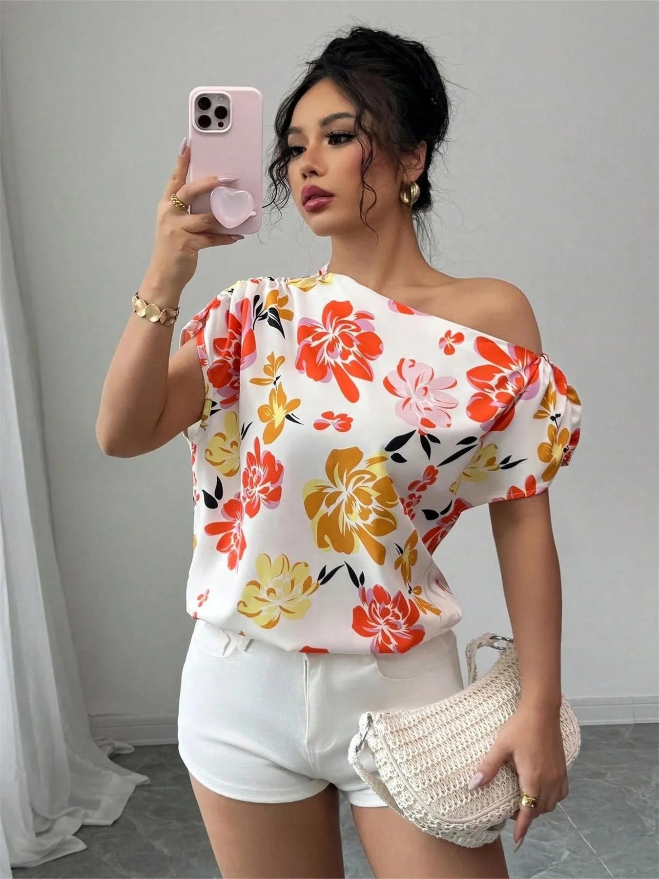 Floral Print One Shoulder Short Sleeve Blouse - Lookzlike