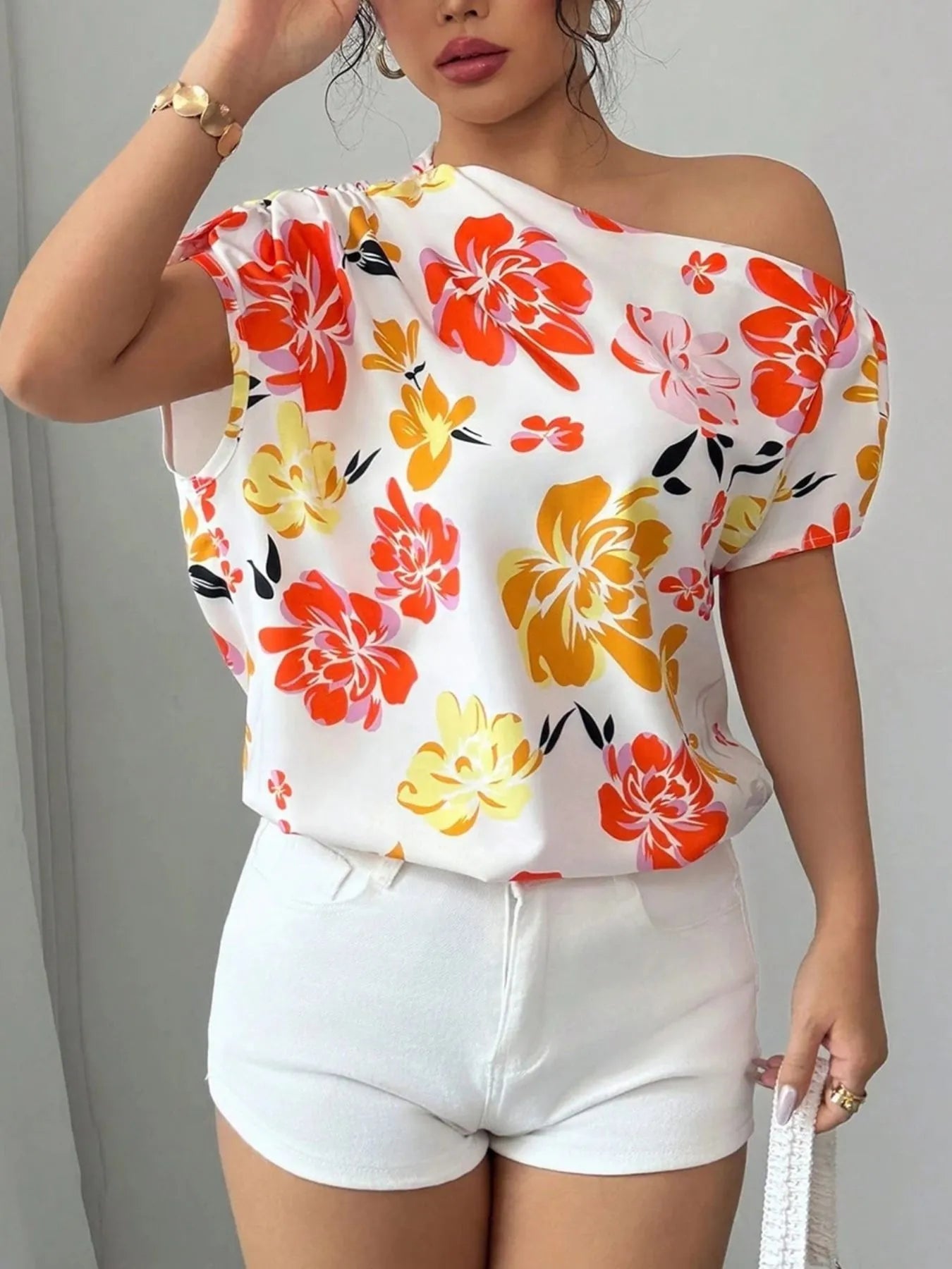 Floral Print One Shoulder Short Sleeve Blouse - Lookzlike
