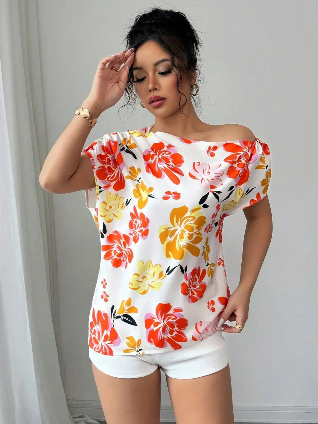 Floral Print One Shoulder Short Sleeve Blouse - Lookzlike