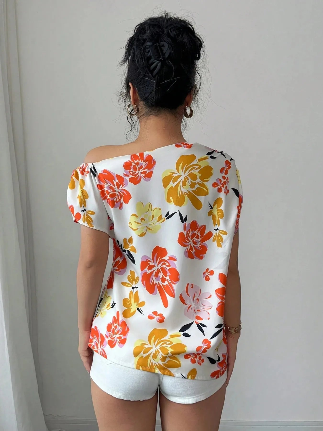 Floral Print One Shoulder Short Sleeve Blouse - Lookzlike