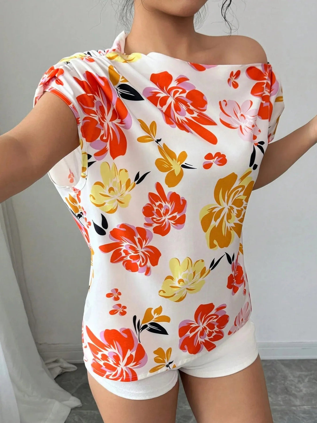 Floral Print One Shoulder Short Sleeve Blouse - Lookzlike