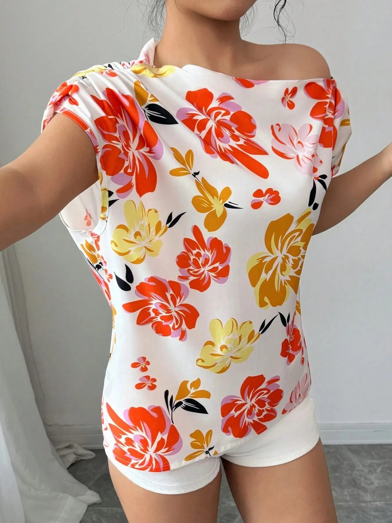 Floral Print One Shoulder Short Sleeve Blouse - Lookzlike