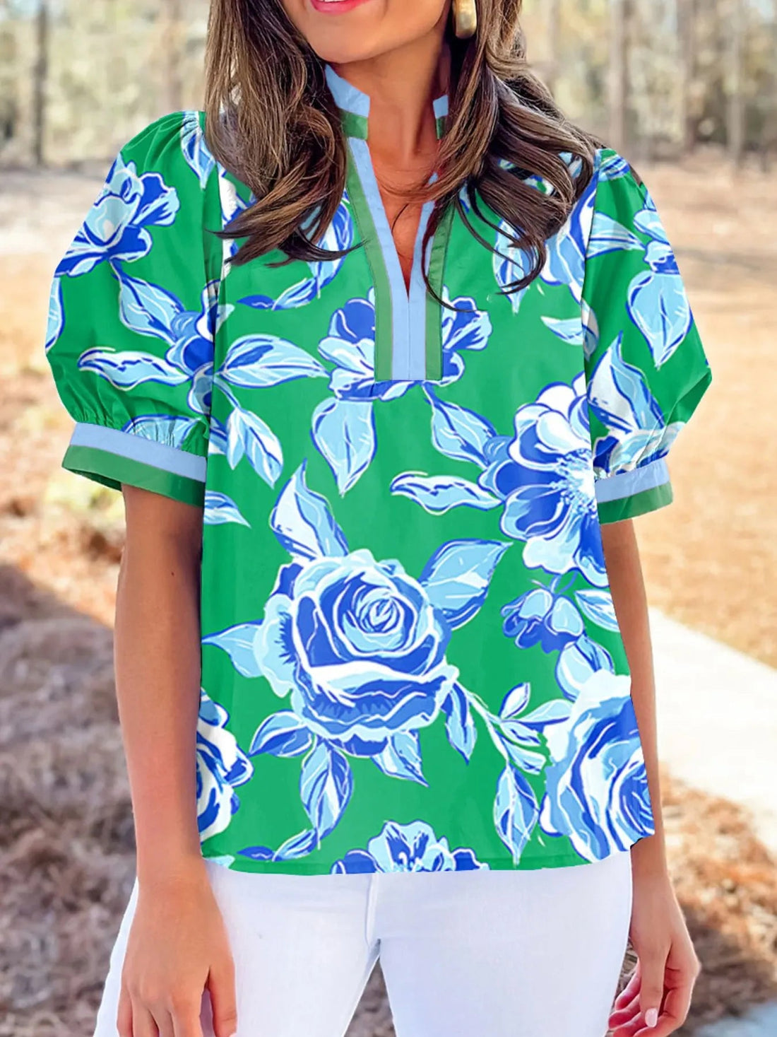 Floral Print Puff Short Sleeve Blouse - Lookzlike