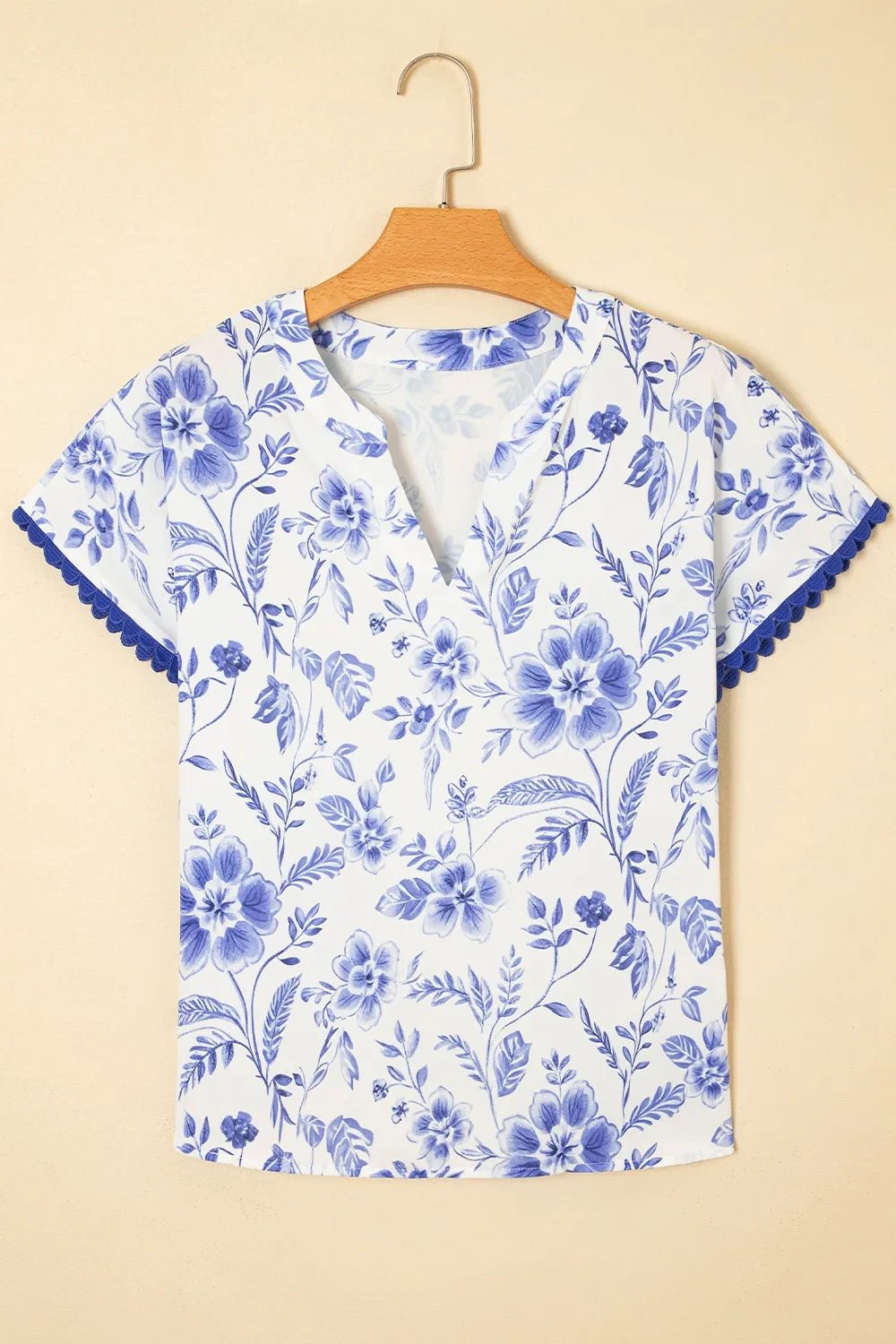 Floral Print Ricrac Trim Short Sleeve Blouse - Lookzlike