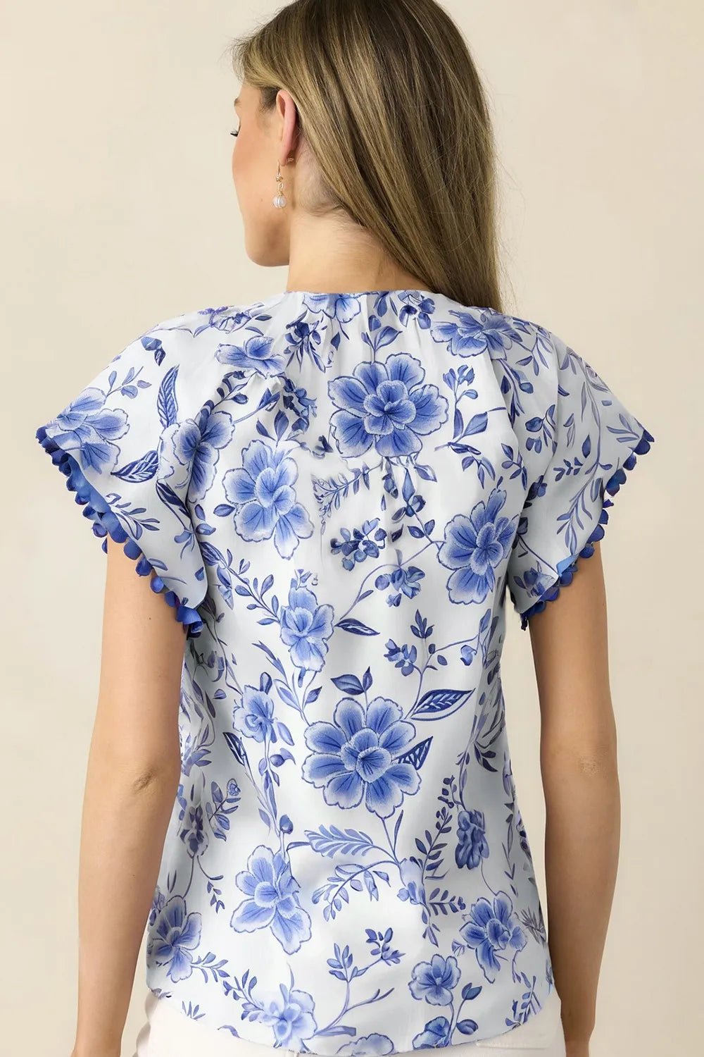 Floral Print Ricrac Trim Short Sleeve Blouse - Lookzlike