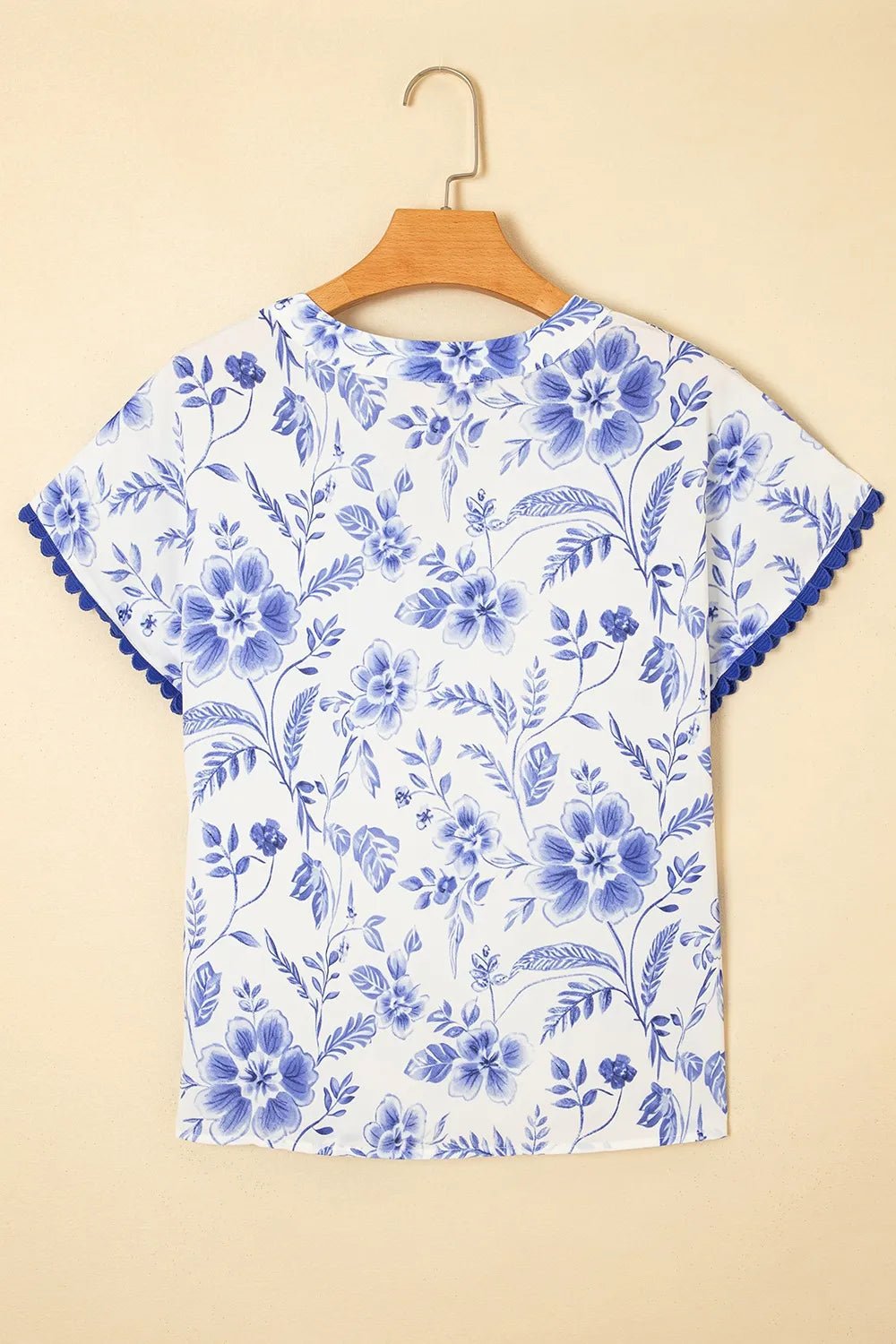Floral Print Ricrac Trim Short Sleeve Blouse - Lookzlike