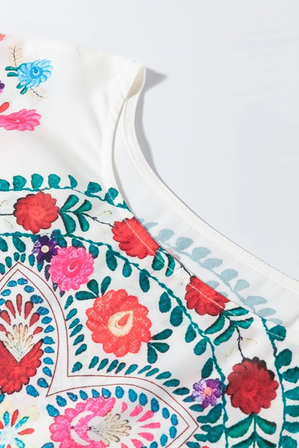 Floral Print Round Neck Ruffle Trim Blouse - Lookzlike