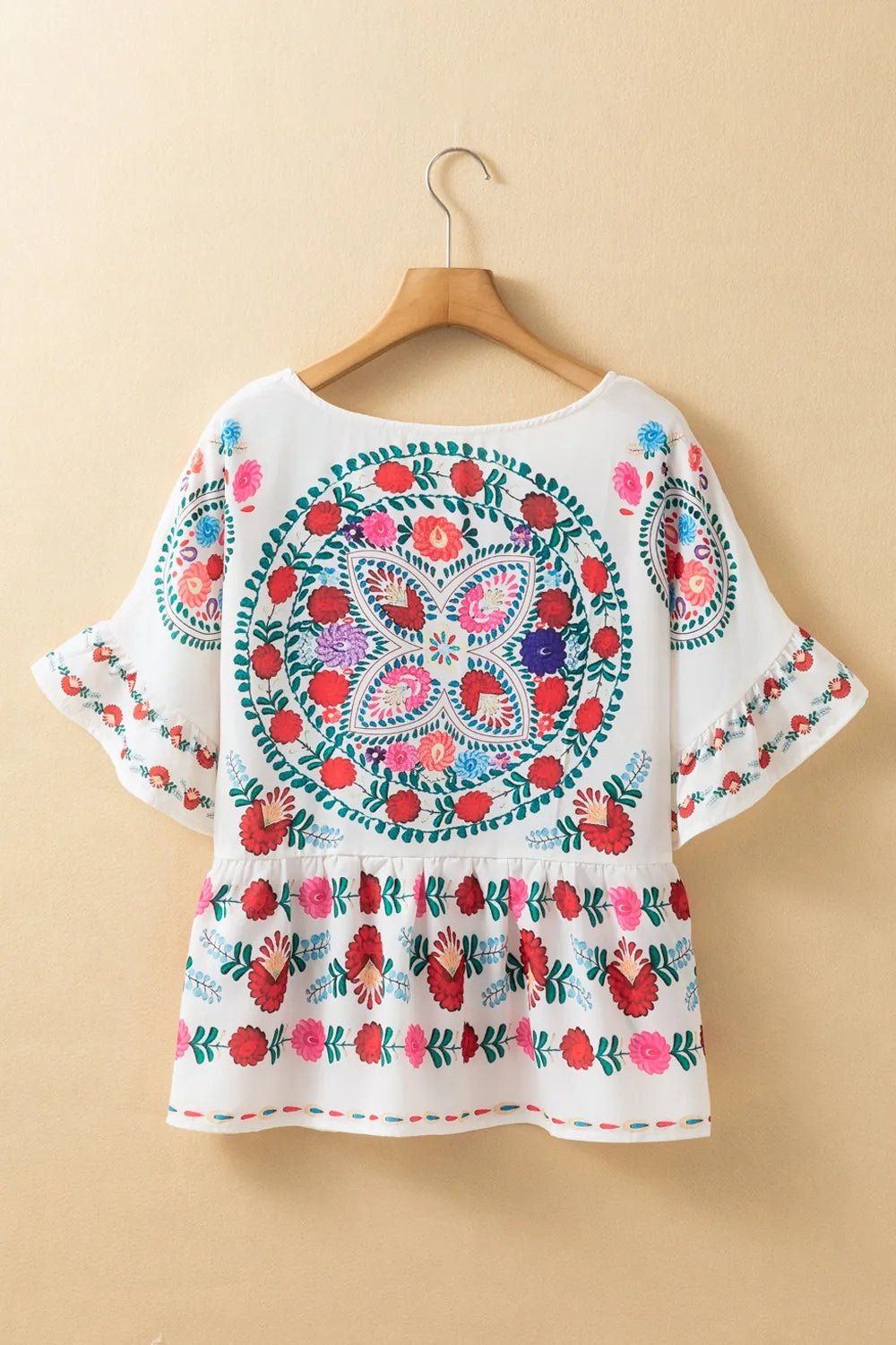 Floral Print Round Neck Ruffle Trim Blouse - Lookzlike