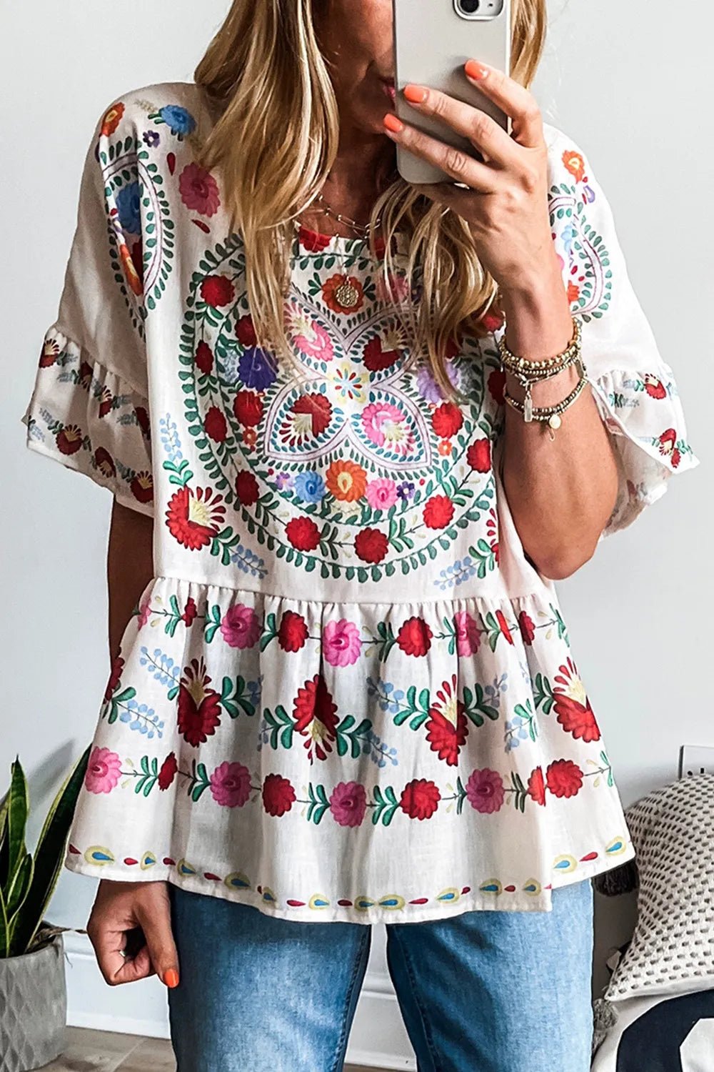 Floral Print Round Neck Ruffle Trim Blouse - Lookzlike