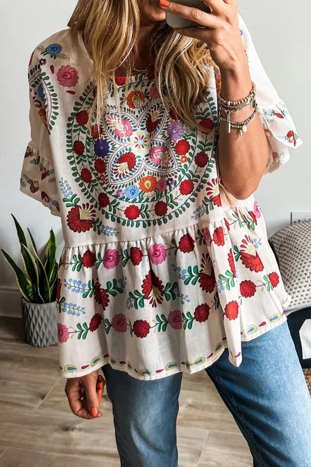 Floral Print Round Neck Ruffle Trim Blouse - Lookzlike