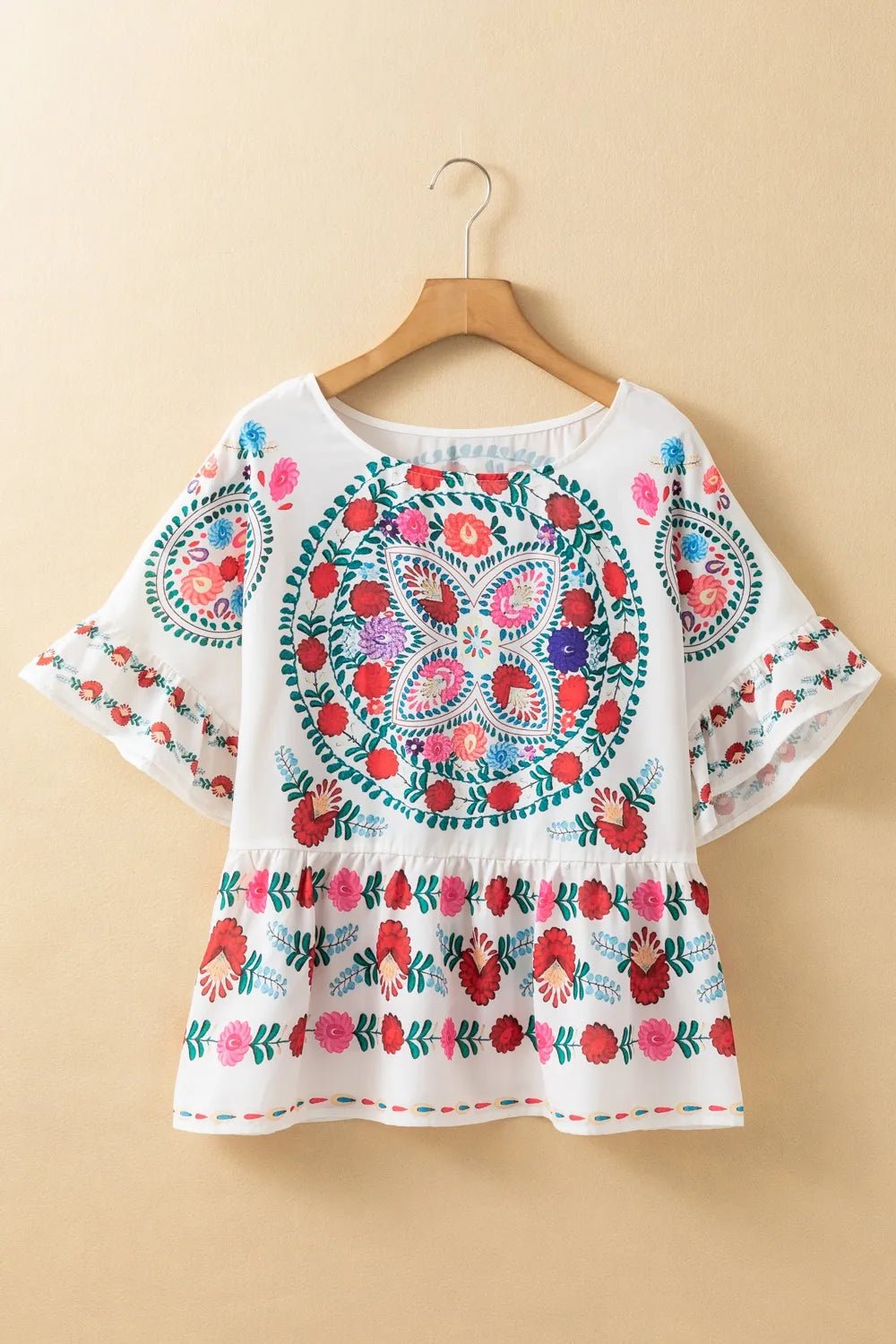Floral Print Round Neck Ruffle Trim Blouse - Lookzlike