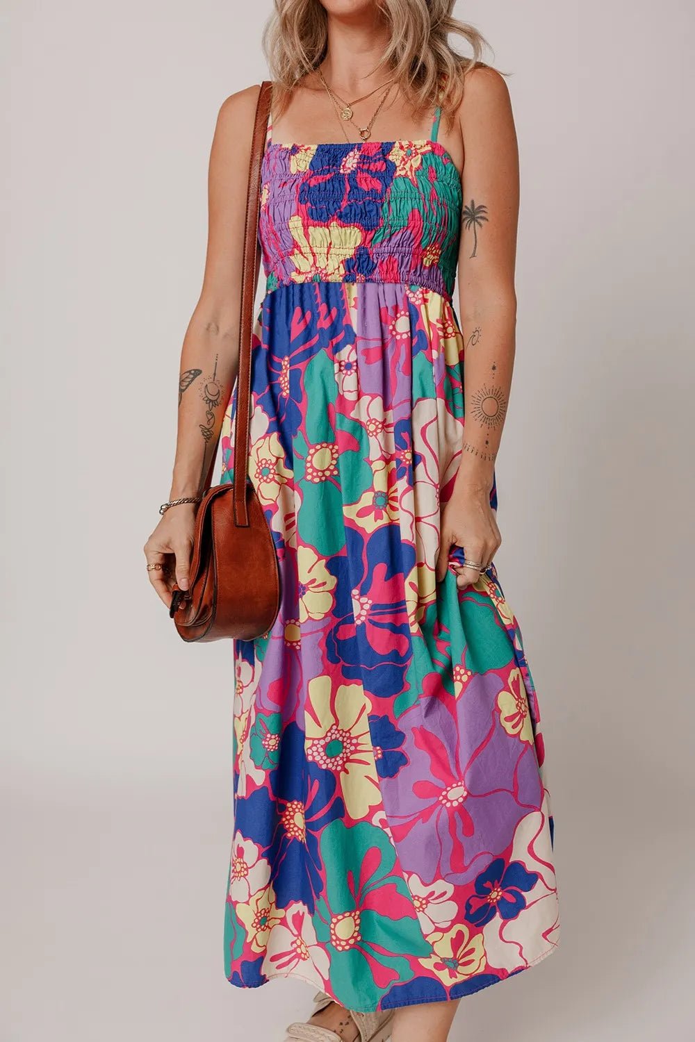 Floral Print Shirred Spaghetti Strap Loose Maxi Dress designed for comfort and style at Lookzlike