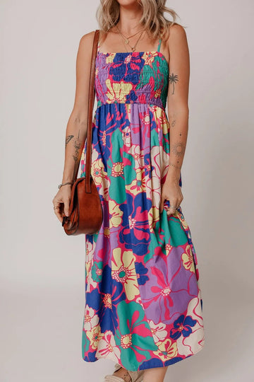 Floral Print Shirred Spaghetti Strap Loose Maxi Dress designed for comfort and style at Lookzlike