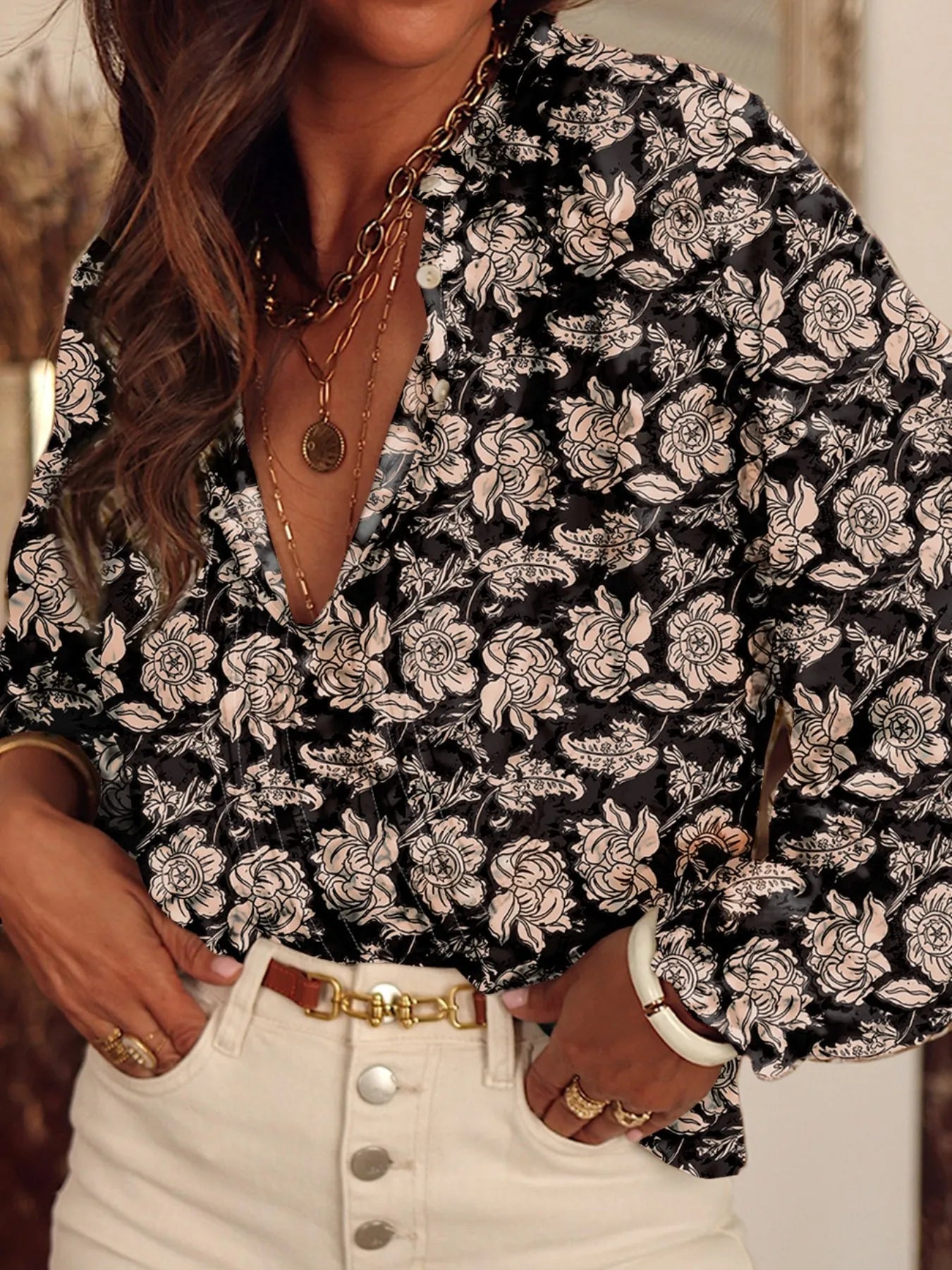 Floral Print Split Neck Pleated Long Sleeve Blouse - Lookzlike