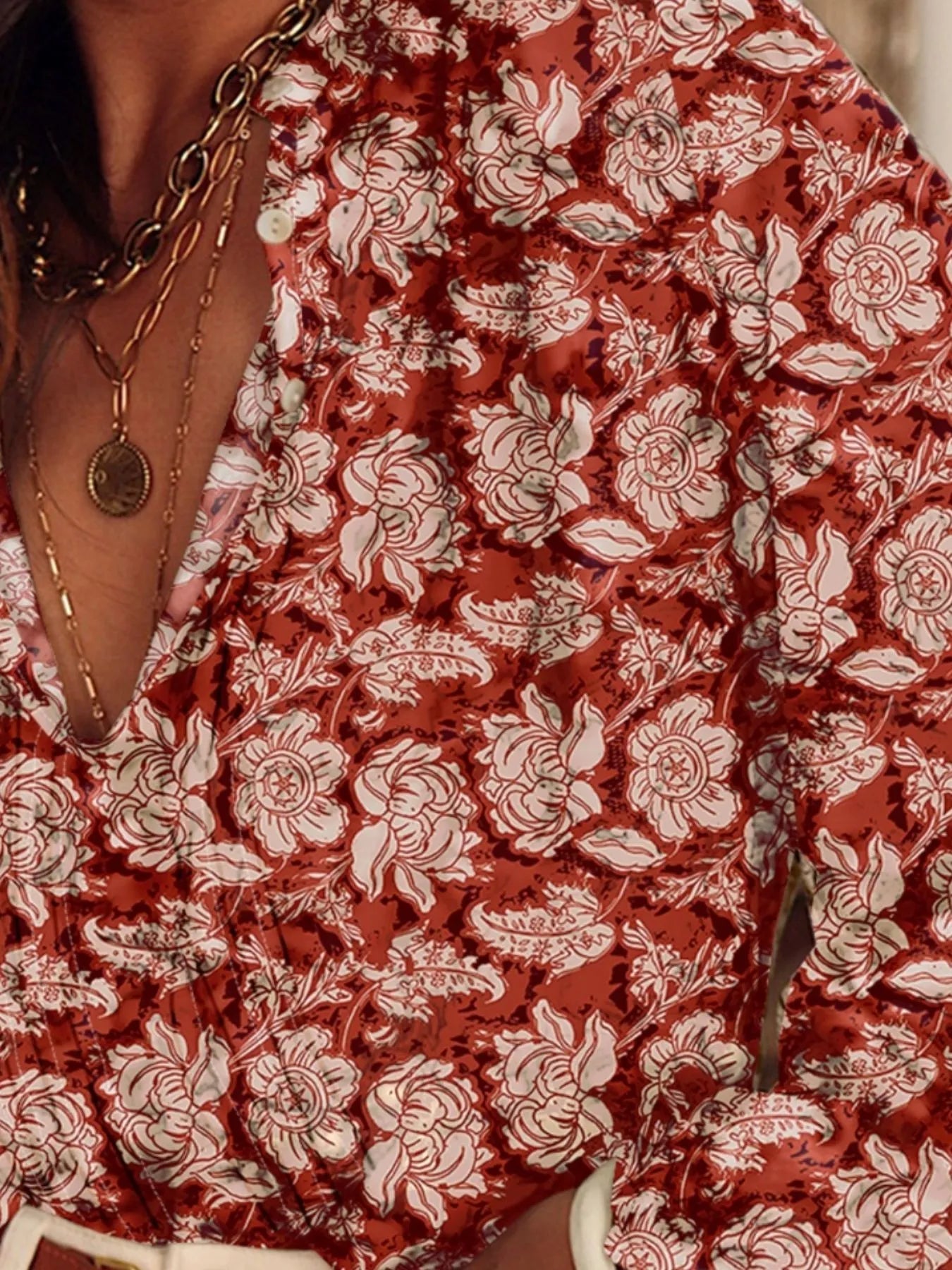 Floral Print Split Neck Pleated Long Sleeve Blouse - Lookzlike