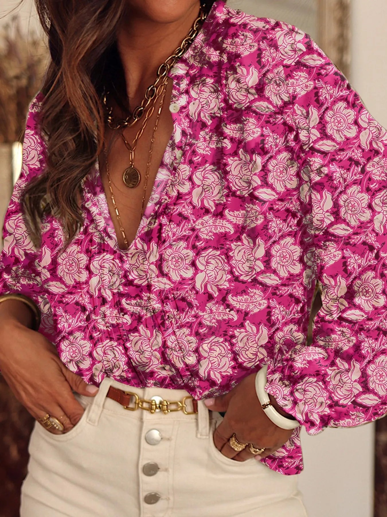 Floral Print Split Neck Pleated Long Sleeve Blouse - Lookzlike