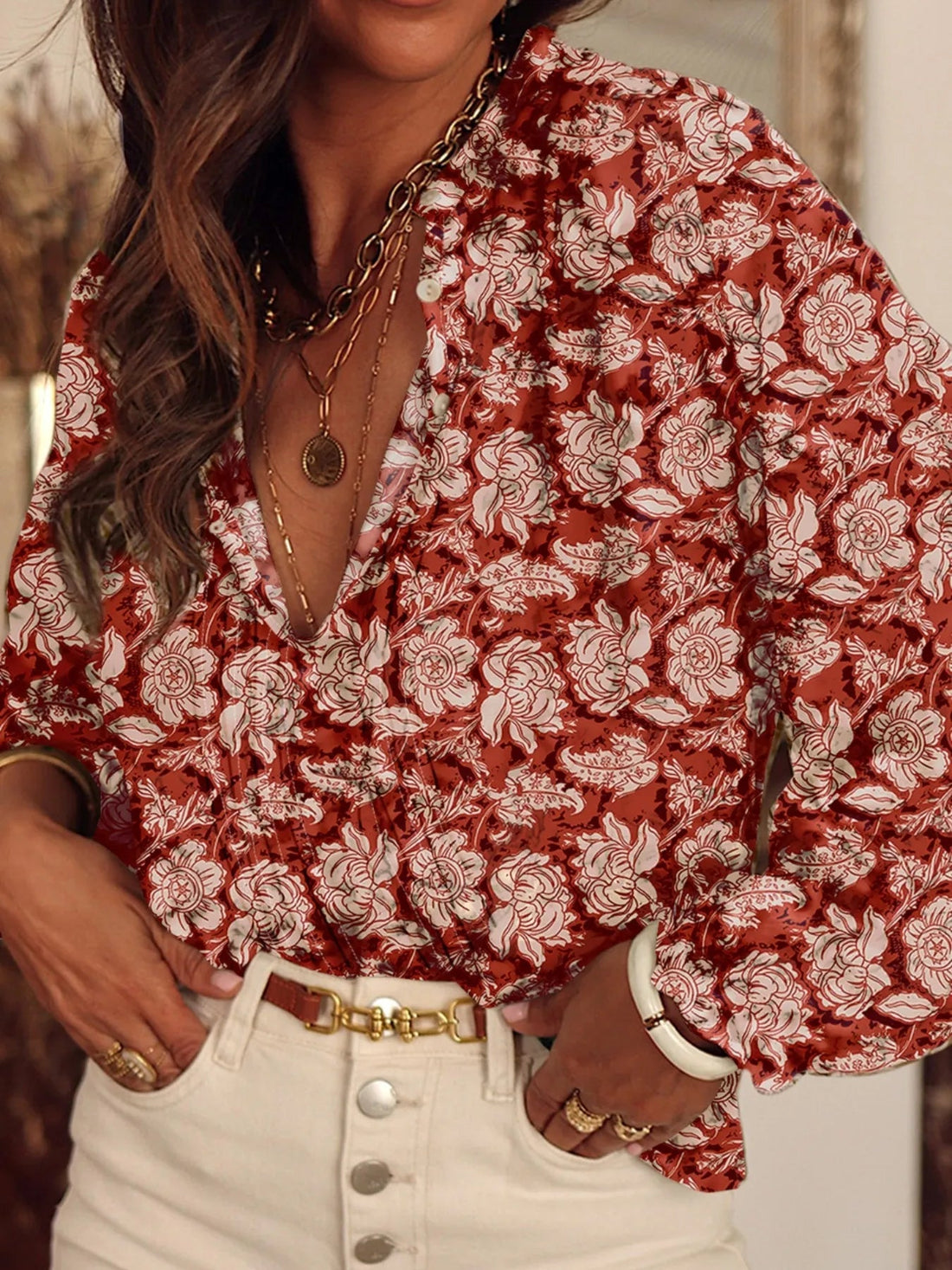 Floral Print Split Neck Pleated Long Sleeve Blouse - Lookzlike
