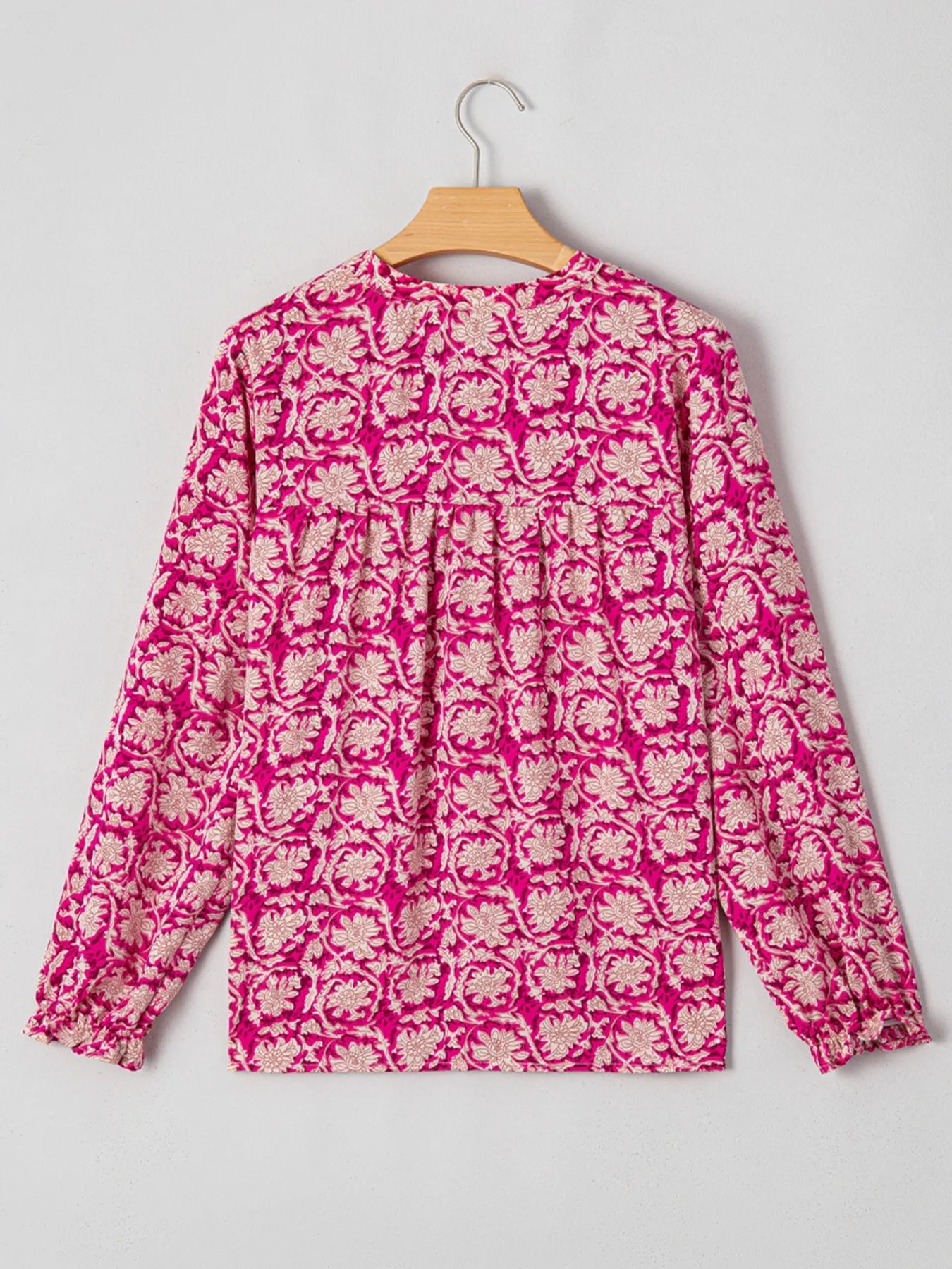 Floral Print Split Neck Pleated Long Sleeve Blouse - Lookzlike