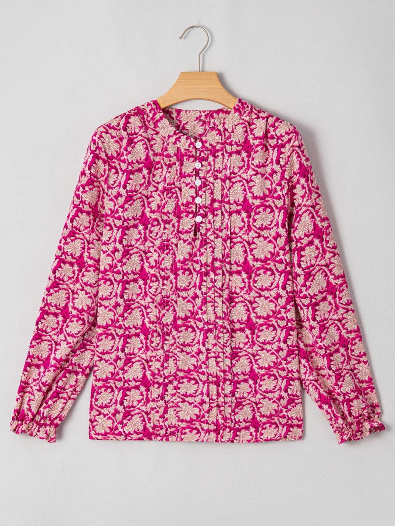 Floral Print Split Neck Pleated Long Sleeve Blouse - Lookzlike