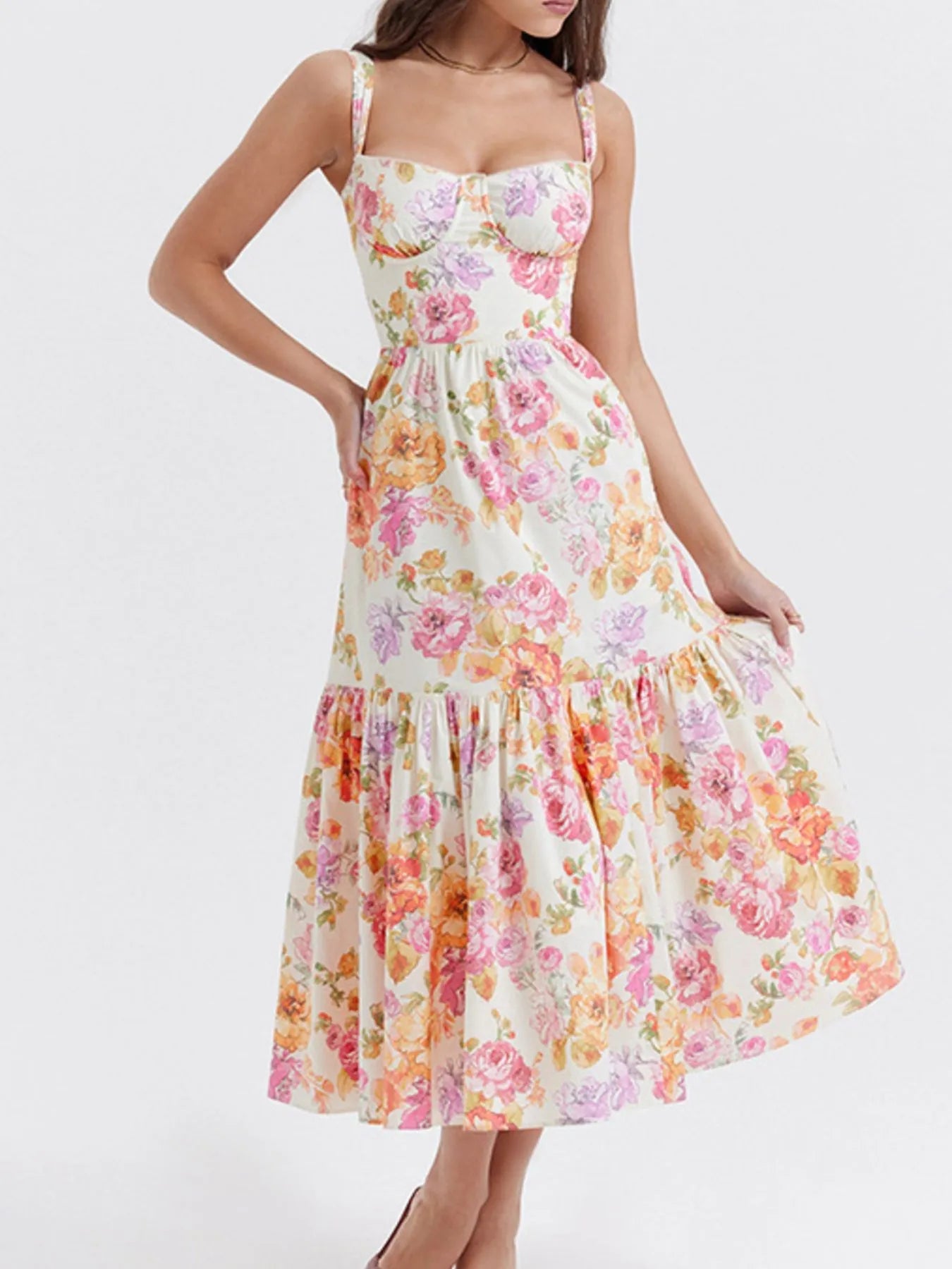 Floral Print Sweetheart Neck Midi Dress - Lookzlike