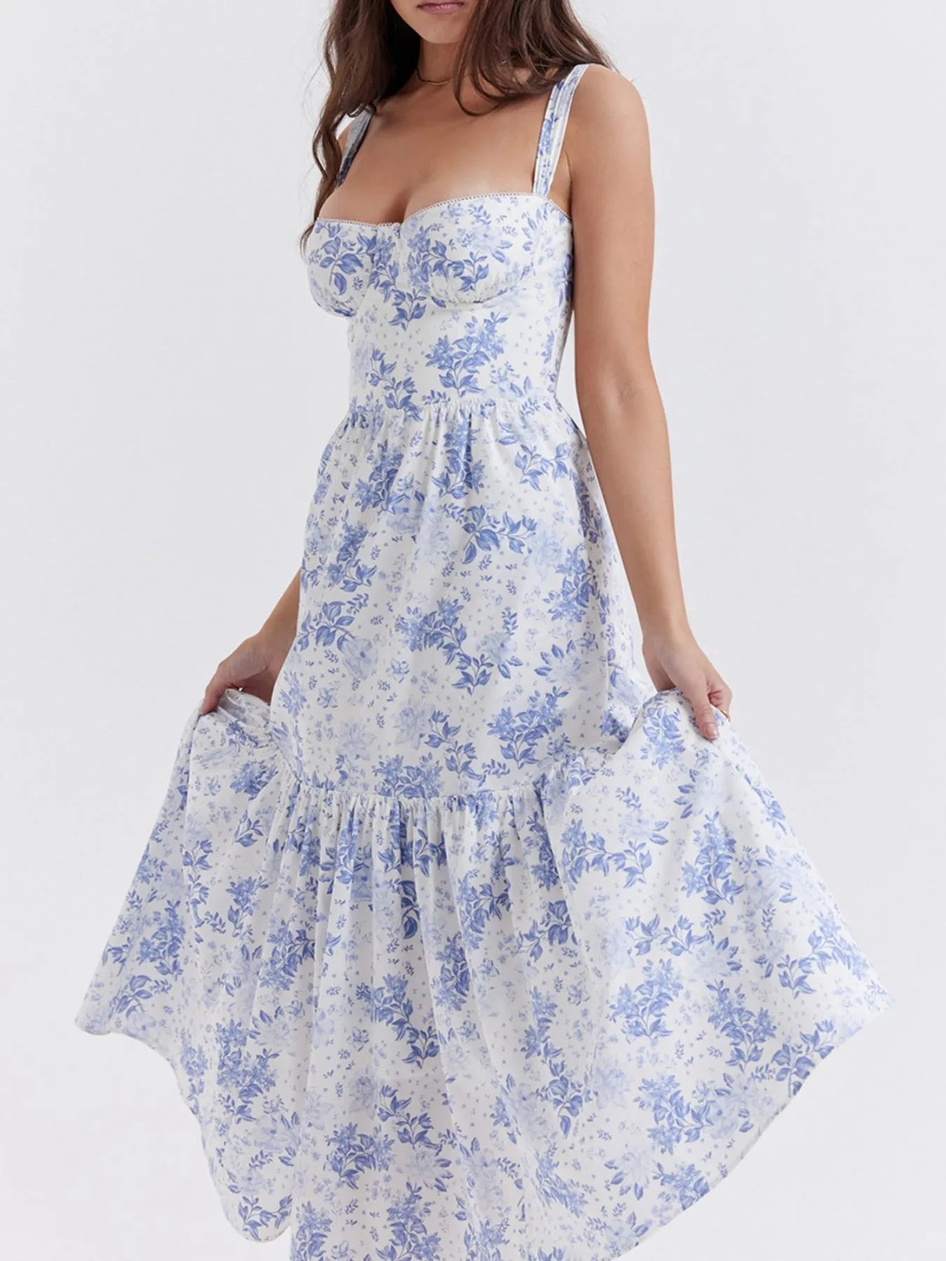 Floral Print Sweetheart Neck Midi Dress - Lookzlike