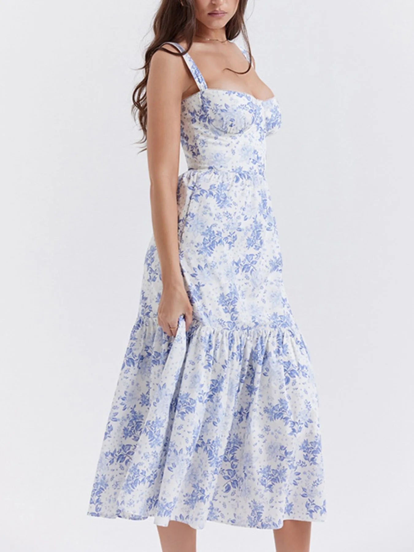 Floral Print Sweetheart Neck Midi Dress - Lookzlike