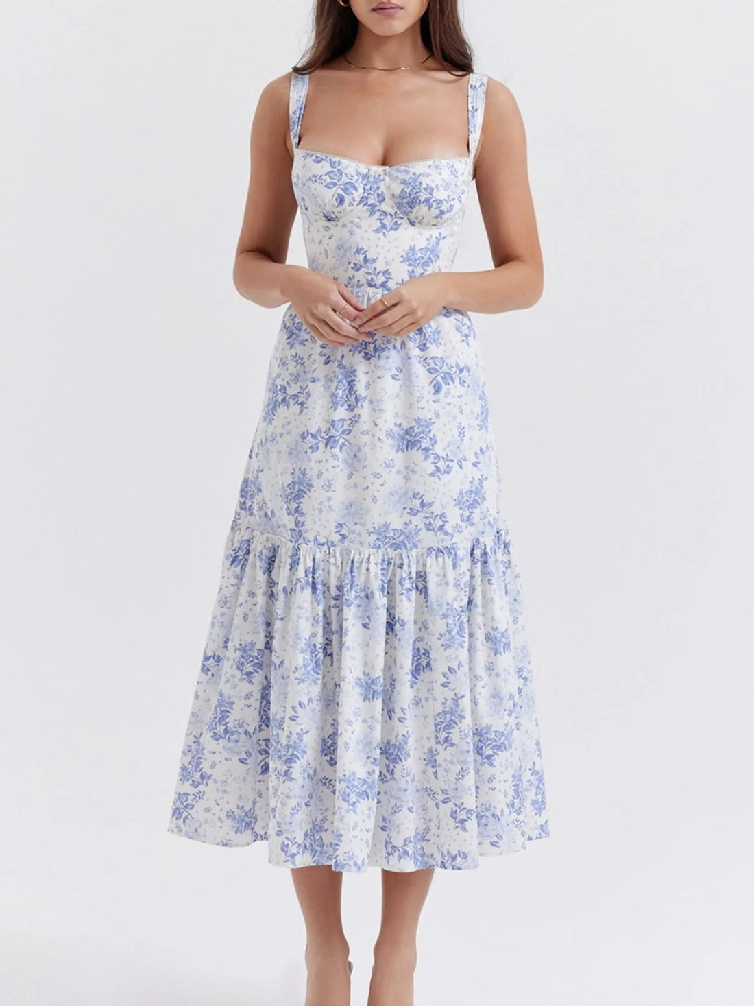 Floral Print Sweetheart Neck Midi Dress - Lookzlike