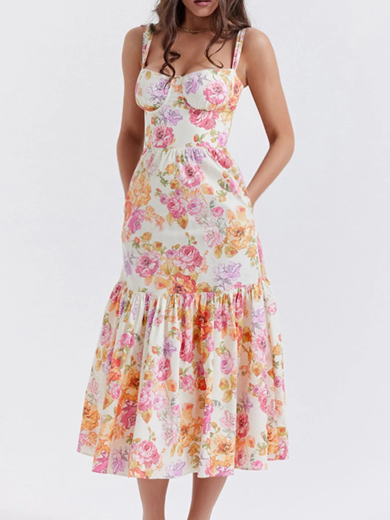 Floral Print Sweetheart Neck Midi Dress - Lookzlike