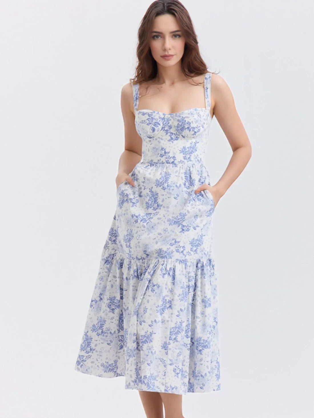 Floral Print Sweetheart Neck Midi Dress - Lookzlike
