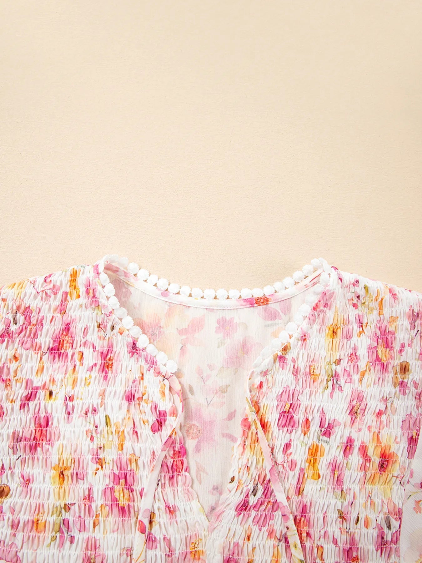 Floral Print Tassel Tie Smocked Puff Sleeve Blouse - Lookzlike