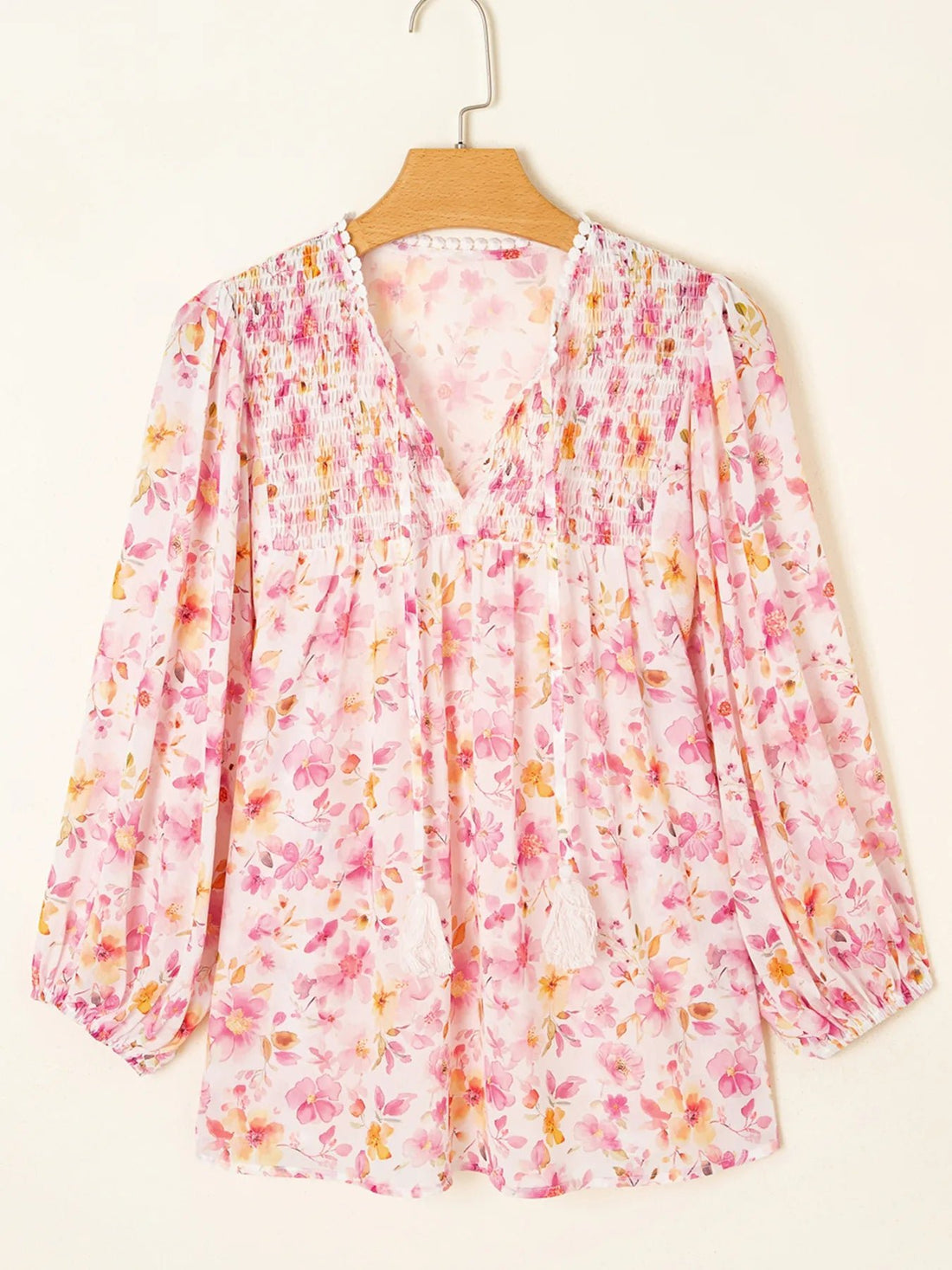 Floral Print Tassel Tie Smocked Puff Sleeve Blouse - Lookzlike