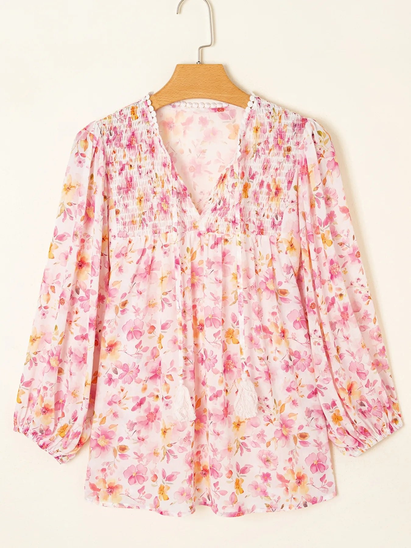 Floral Print Tassel Tie Smocked Puff Sleeve Blouse - Lookzlike