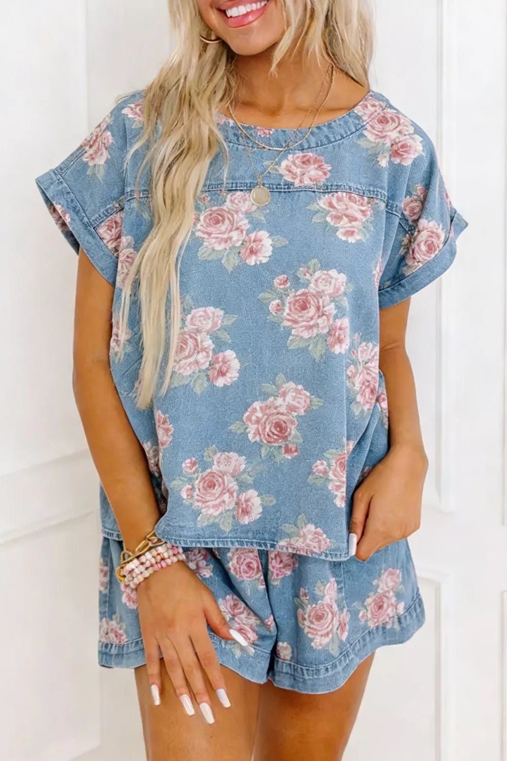 Floral Print Top and Shorts Denim Set designed for comfort and style at Lookzlike