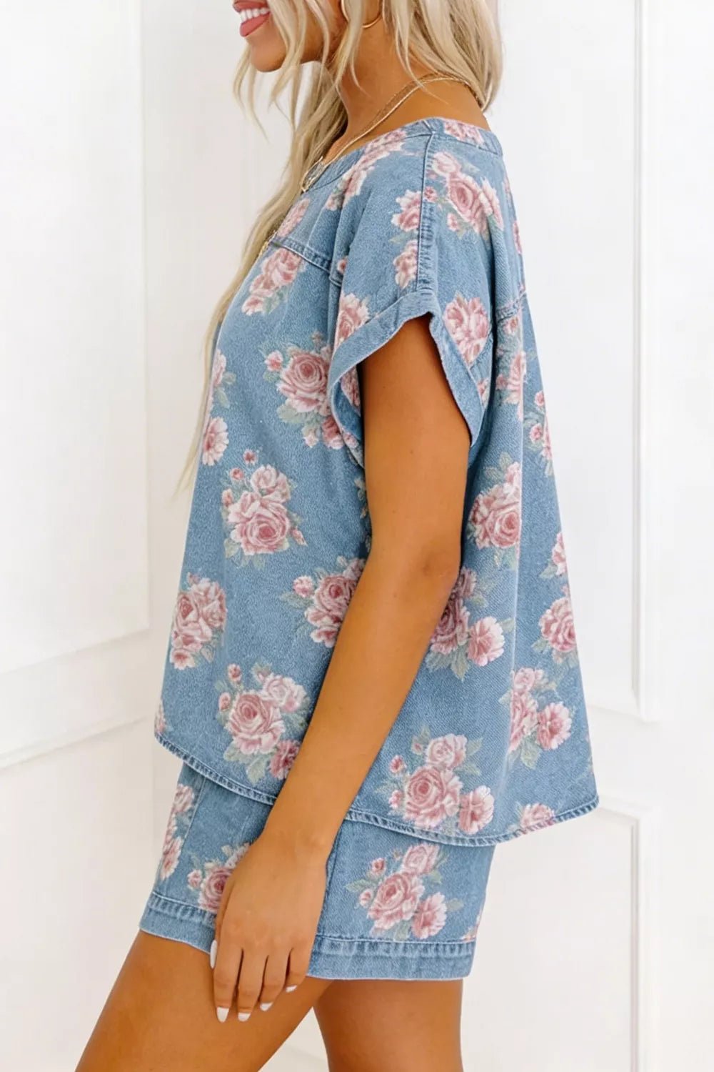 Floral Print Top and Shorts Denim Set designed for comfort and style at Lookzlike
