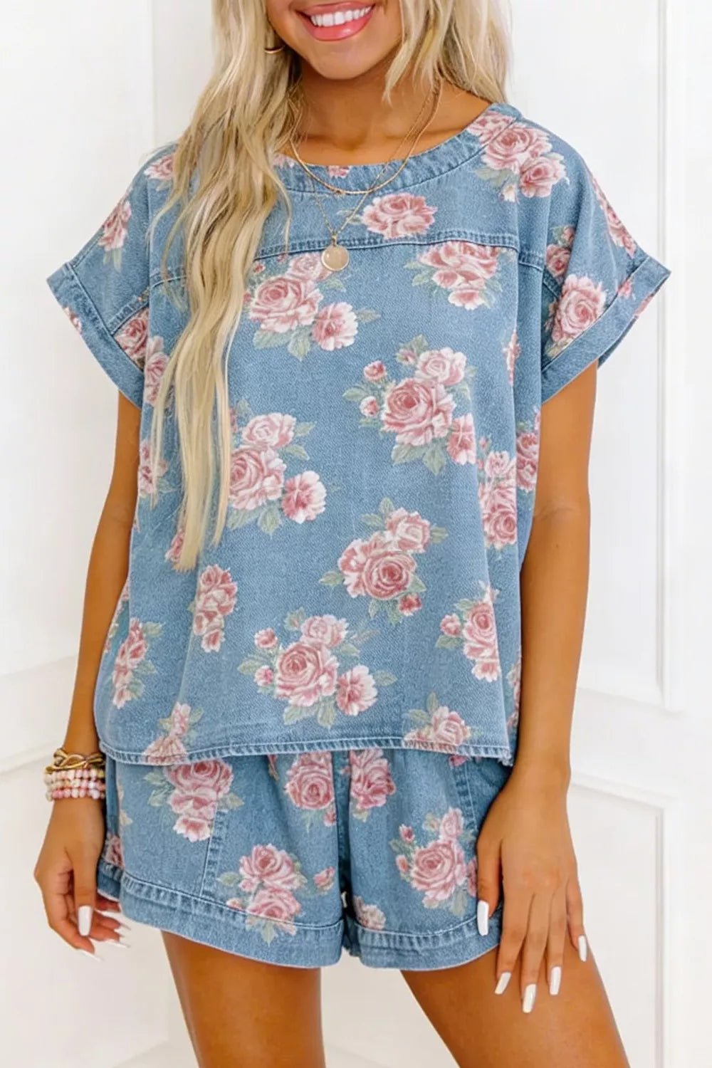 Floral Print Top and Shorts Denim Set designed for comfort and style at Lookzlike