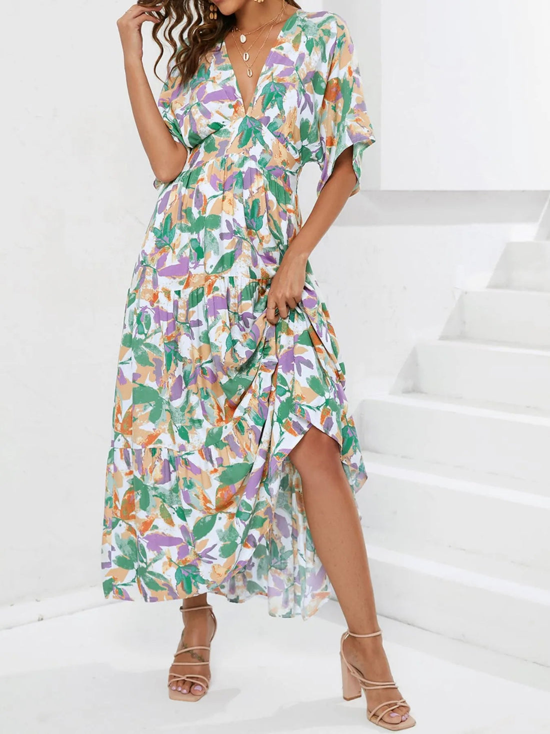 Floral Print V-neck Boho Midi Dress designed for comfort and style at Lookzlike