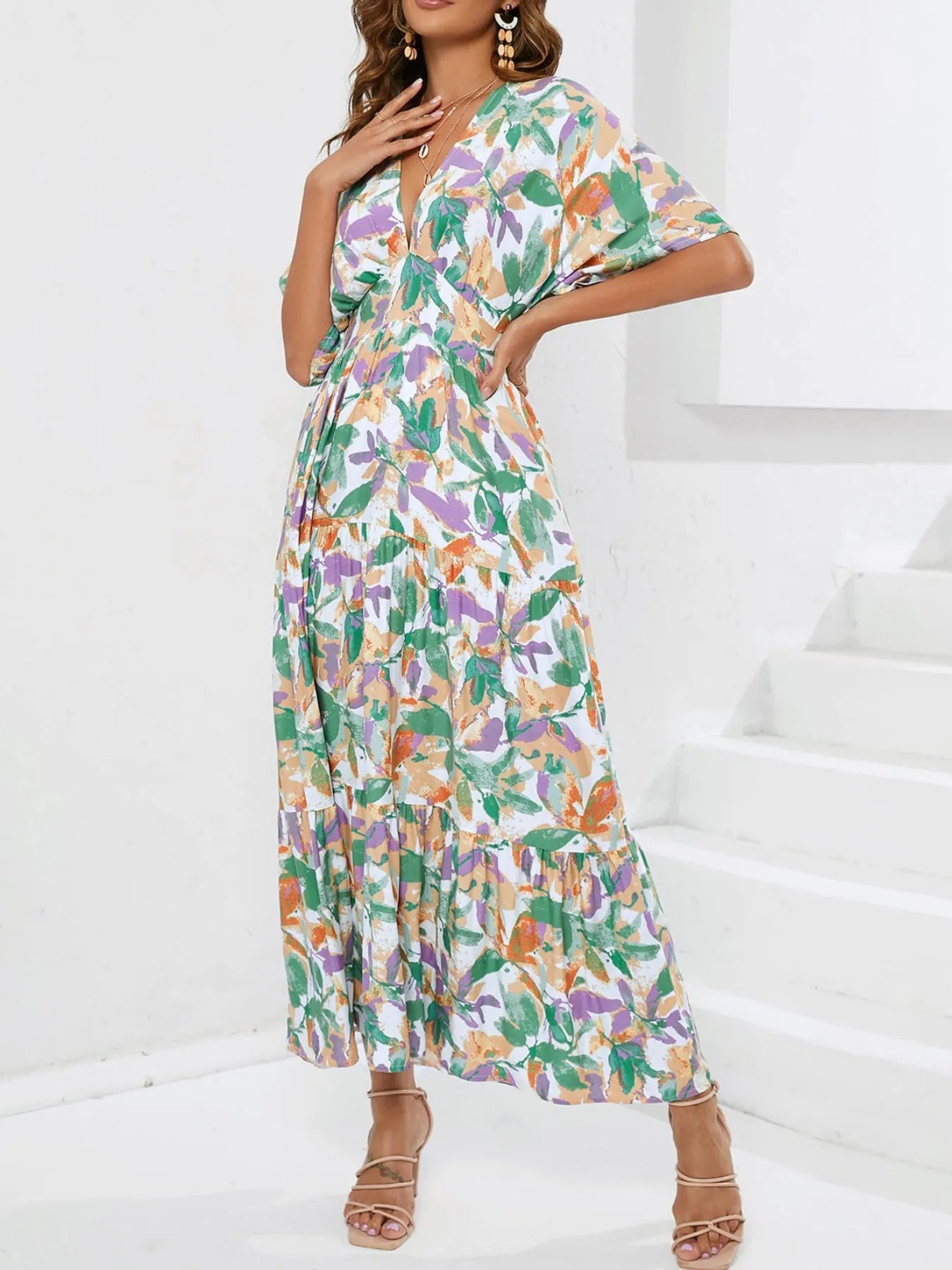 Floral Print V-neck Boho Midi Dress designed for comfort and style at Lookzlike