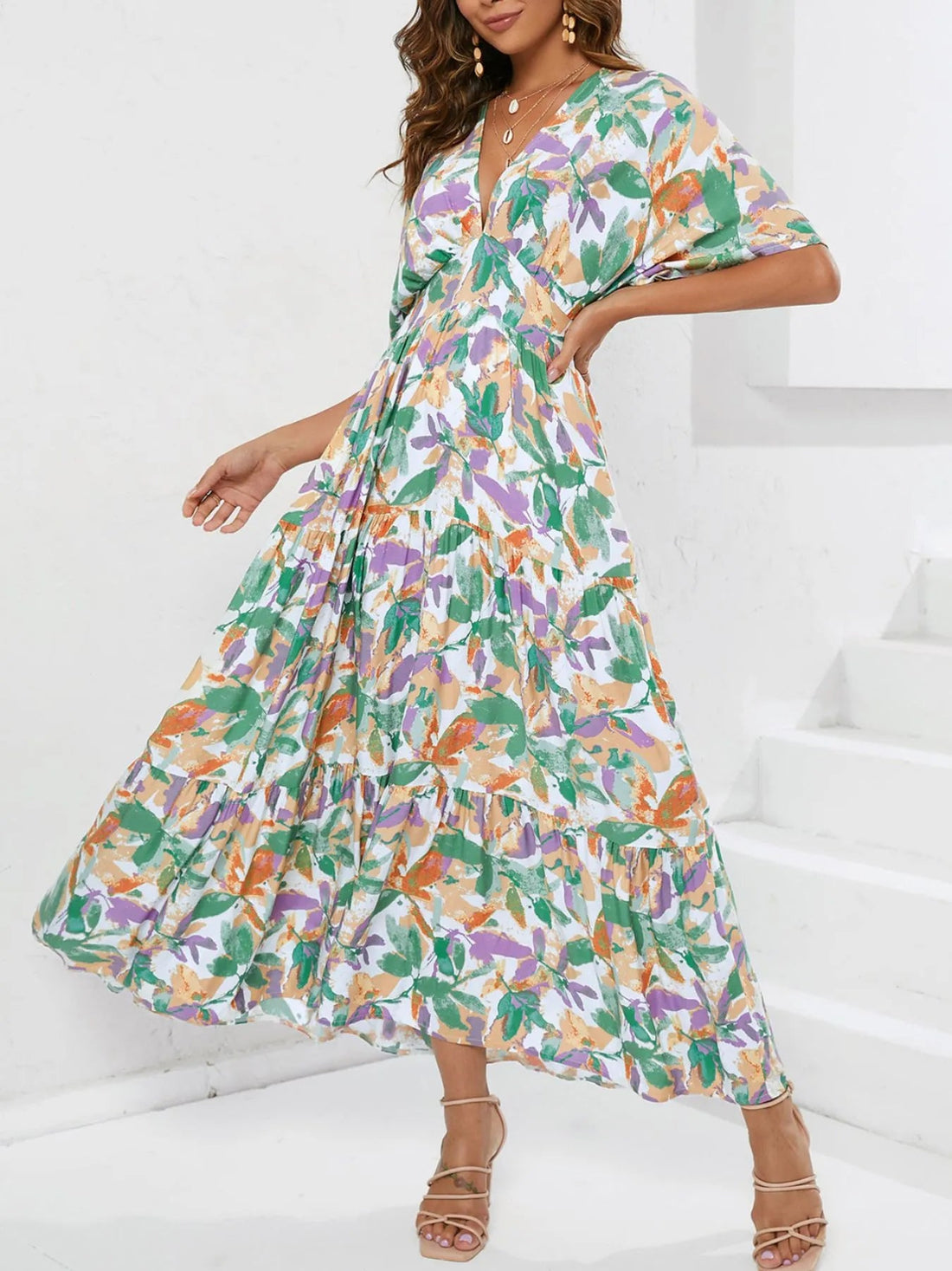 Floral Print V-neck Boho Midi Dress designed for comfort and style at Lookzlike