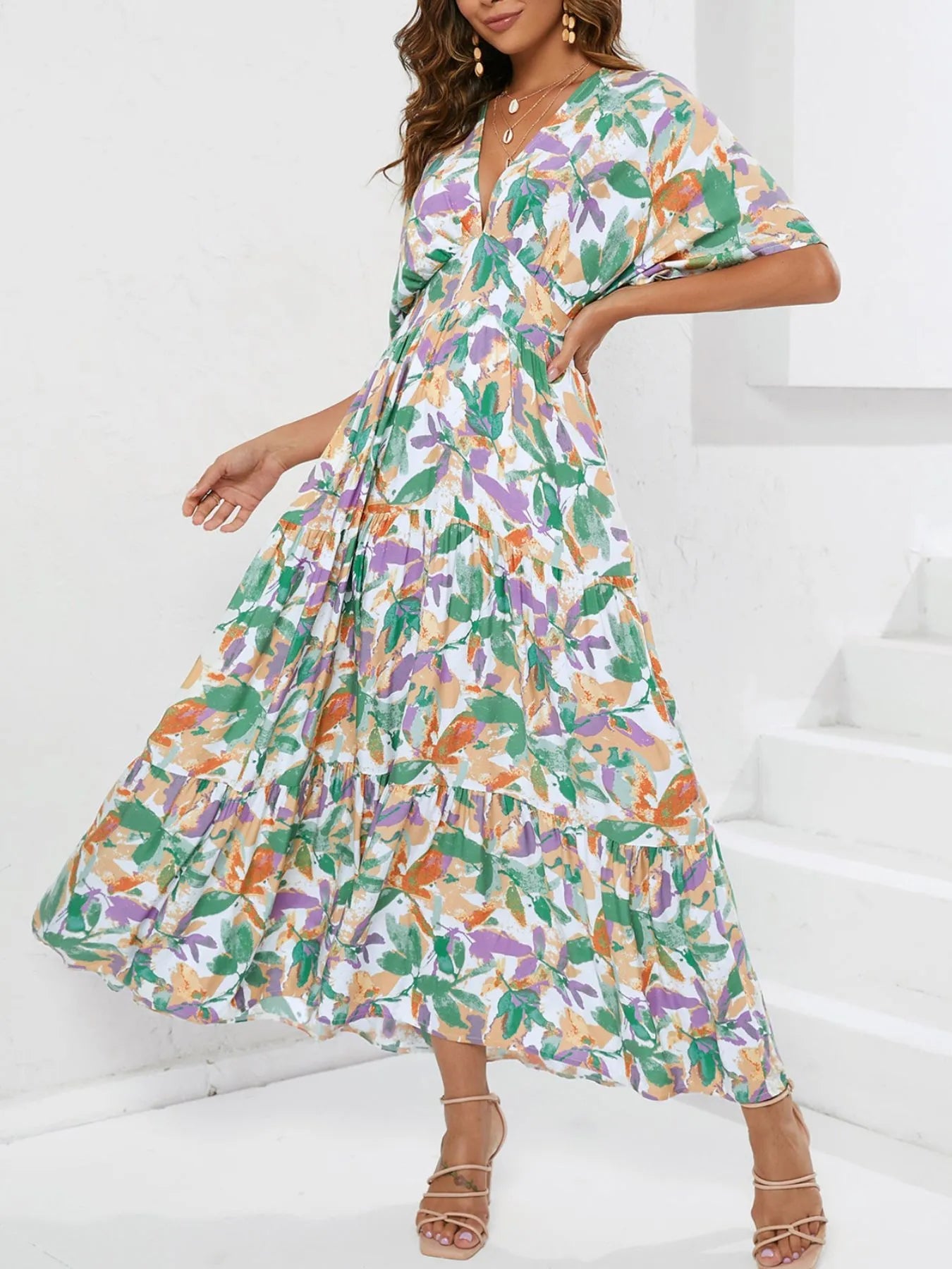 Floral Print V-neck Boho Midi Dress designed for comfort and style at Lookzlike