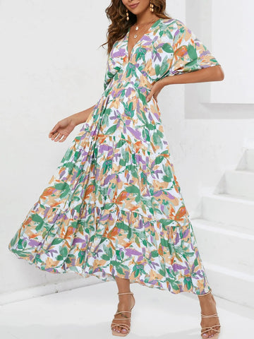 Floral Print V-neck Boho Midi Dress designed for comfort and style at Lookzlike