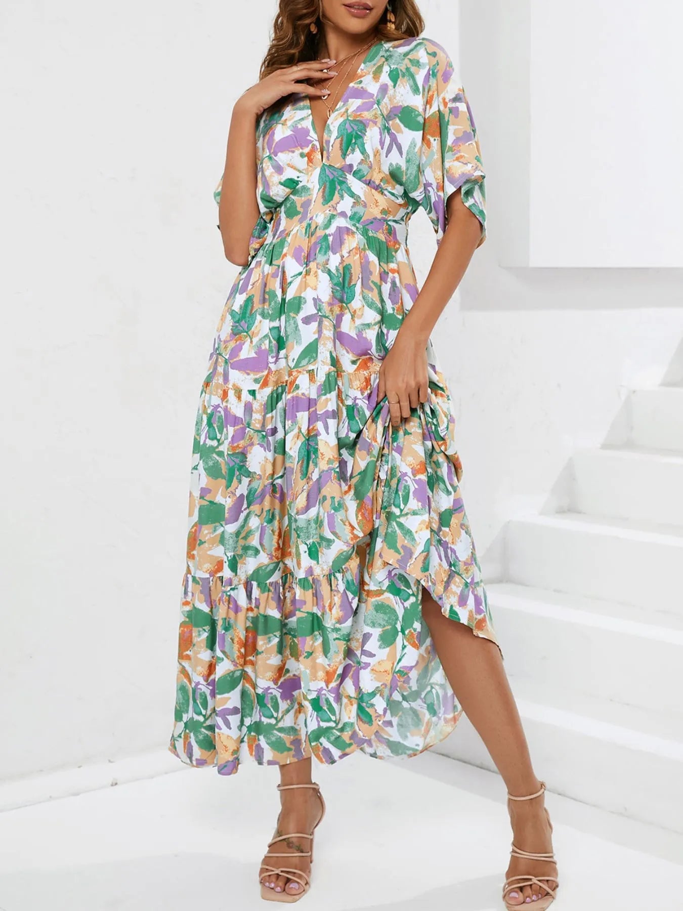 Floral Print V-neck Boho Midi Dress designed for comfort and style at Lookzlike